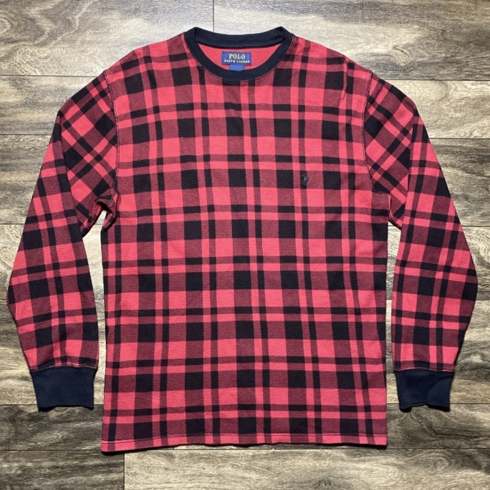 Polo Ralph Lauren Shirt Men's Medium Red Black Buffalo Plaid Waffle Knit Thermal